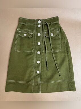 💚 J. Crew Olive Green Button-Front A-Line Skirt with Waist Tie